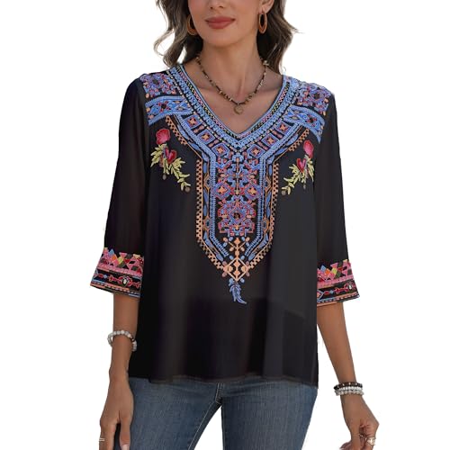 Mexican Embroidered Tops for Women Boho Chic Short Sleeve V Neck Blouse 3/4 Sleeve Floral Casual Summer T-Shirt3