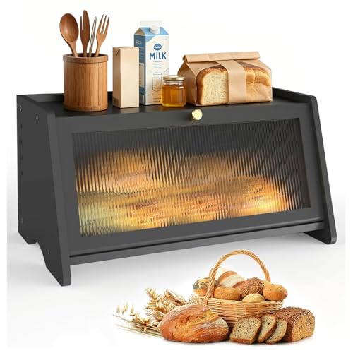 WRENYZK Épingle à pain noire pour la cuisine, grande poubelle à pain avec fenêtre arrière transparente et aérations pour un rangement multifonctionnel,...