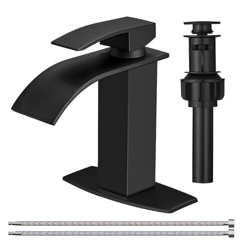 BESy Black Waterfall Bathroom Faucet, Single Hole 1 Hole 3 Holes Single Handle Bathroom Sink Faucet,...