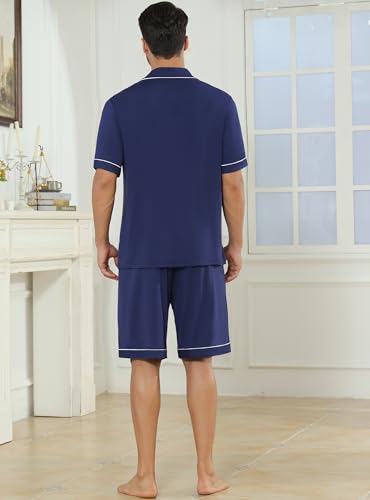 Image of Veseacky Men's Button Down Pajama Set Short Sleeve Shorts Modal Soft Sleepwear Loungewear Pjs with Pockets S-XXL