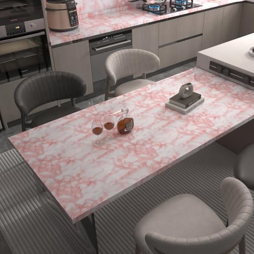 Image of Extra Wide Marble Contact Paper Granite Peel and Stick Wallpaper Pink Glossy 31.5x354 inch Countertop Contact Paper for Kitchen Bathroom Self-adhesive Waterproof Decorative Film Marble Vinyl Wrap