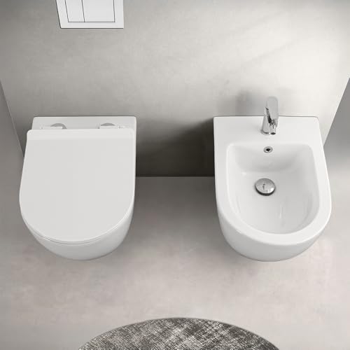Set Sanitari Vaso + Bidet Sospesi, Rimless, Colore Bianco, Design Moderno, Completo Di Copriwater Con Chiusura Soft-Close - 2