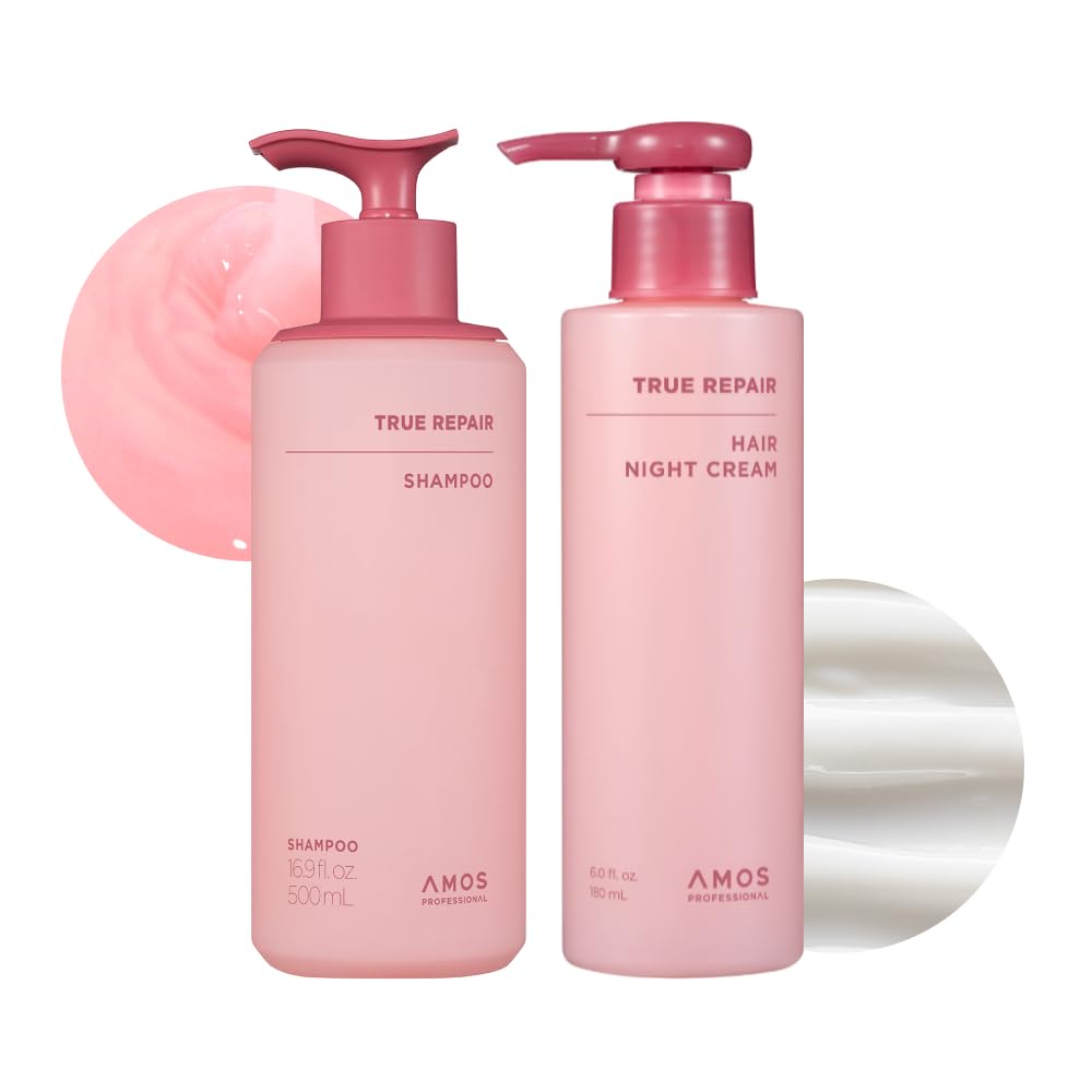 AMOS PROFESSIONALOvernight Damage Repair Duo l True Repair Hair Night Cream & True Repair Shampoo l Overnight Hair Leave-in Conditioner, Anti-Frizz & Smoothing Shampoo for Dry and Damaged Hair