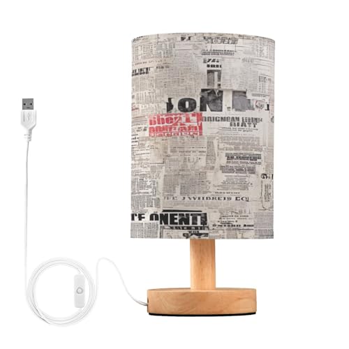 SDMKA Vintage Newspaper Texture Bedside Table Lamp for Bedroom, Minimalist Nightstand Lamp with Round Fabric Shade for Living Room, Office, No Bulb Required