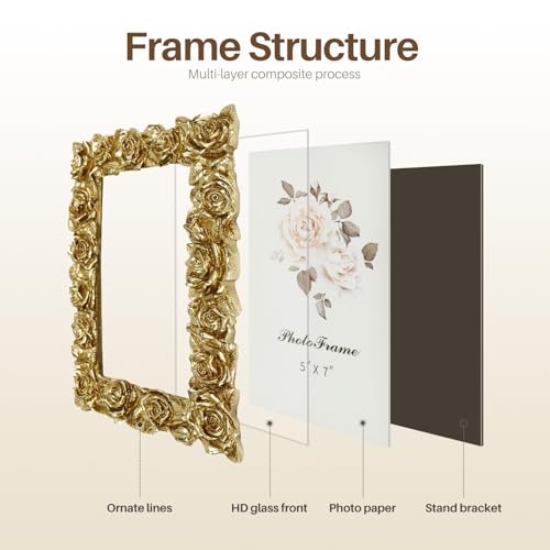 Vintage Gold 5x7 Picture Frame, Gold Ornate Rose Flower Resin Photo Frame with Glass Front for Tabletop, Antique Picture Frames Photo Gallery for Home Office Decor