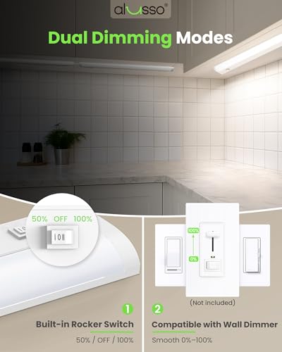 Image of ALUSSO 24 Inch LED Under Cabinet Lighting Hardwired 120V, 5CCT Color Selectable 2700K-5000K Dimmable 15W 1200LM High Brightness, CRI 90+ Strip Linkable Under Counter Lights for Kitchen Sink, 2 Pack