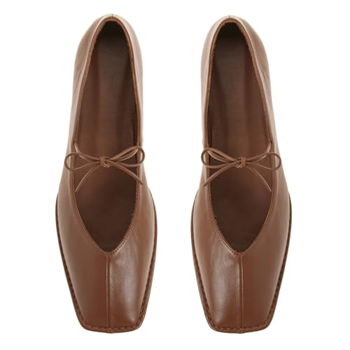 Image of Ballet Flats for Women Lace Up Bow Square Toe Mary Janes Cute Ballerina Shoes Slip On Comfortable Elegant Dress Shoes
