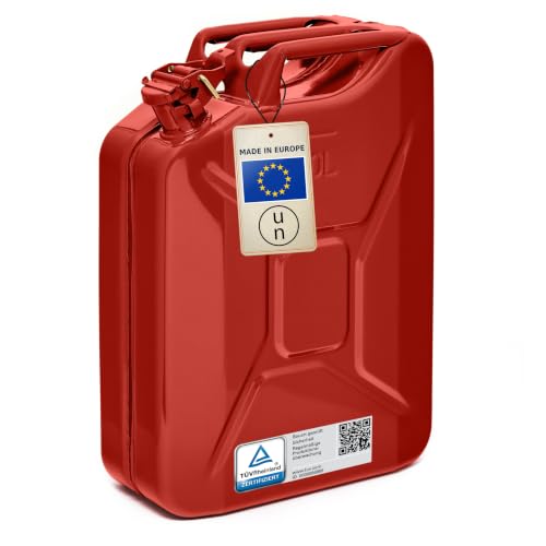 BW Benzinkanister Metall 20 Liter - Kraftstoffkanister Rot - RAL 3000 - TÜV-geprüft und UN-Zulassung - 0 9mm Stahl nach DIN 7274 für Benzin Diesel E10 2-Takt - Made in Europe