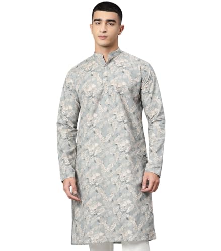 Image of Majestic Man Men's Regular Fit Ethnic Motifs Printed Pure Cotton Long Kurta with Mandarin Collar & Full Sleeves