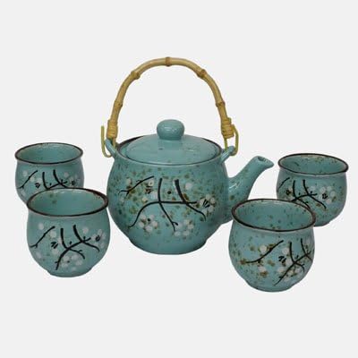 Duck-Egg Blue Tall Chinese Teaset with cherry blossom design