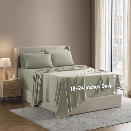 Image of Nestl Extra Deep Twin Sheet Set - 4 Piece Breathable & Cooling Sheets - Hotel Luxury Bedding Set w /18-24 Inch Deep Pockets - Easy & Secure Fit - Super Soft, Wrinkle Free & Comfy - Light Sage