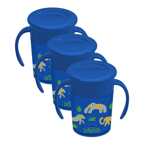 Image of Dr. Brown's Milestones Cheers 360 Spoutless Transition Cup with Handles, Travel Friendly and Leak Free Sippy for Babies and Toddlers, Blue Animal Safari, BPA Free, 7 oz/200 mL, 6m+, Value Pack