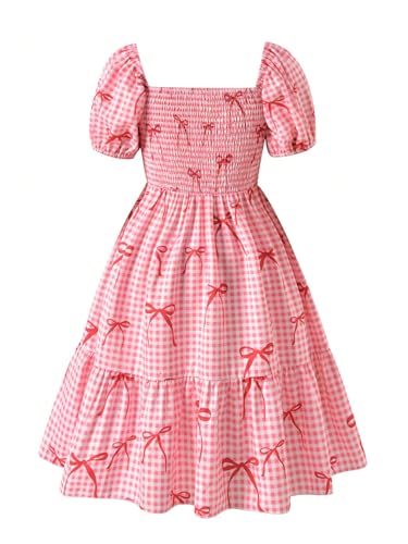 Girl's Plaid Midi Dress Bow Print Puff Short Sleeve A Line Flowy Gingham Dresses2