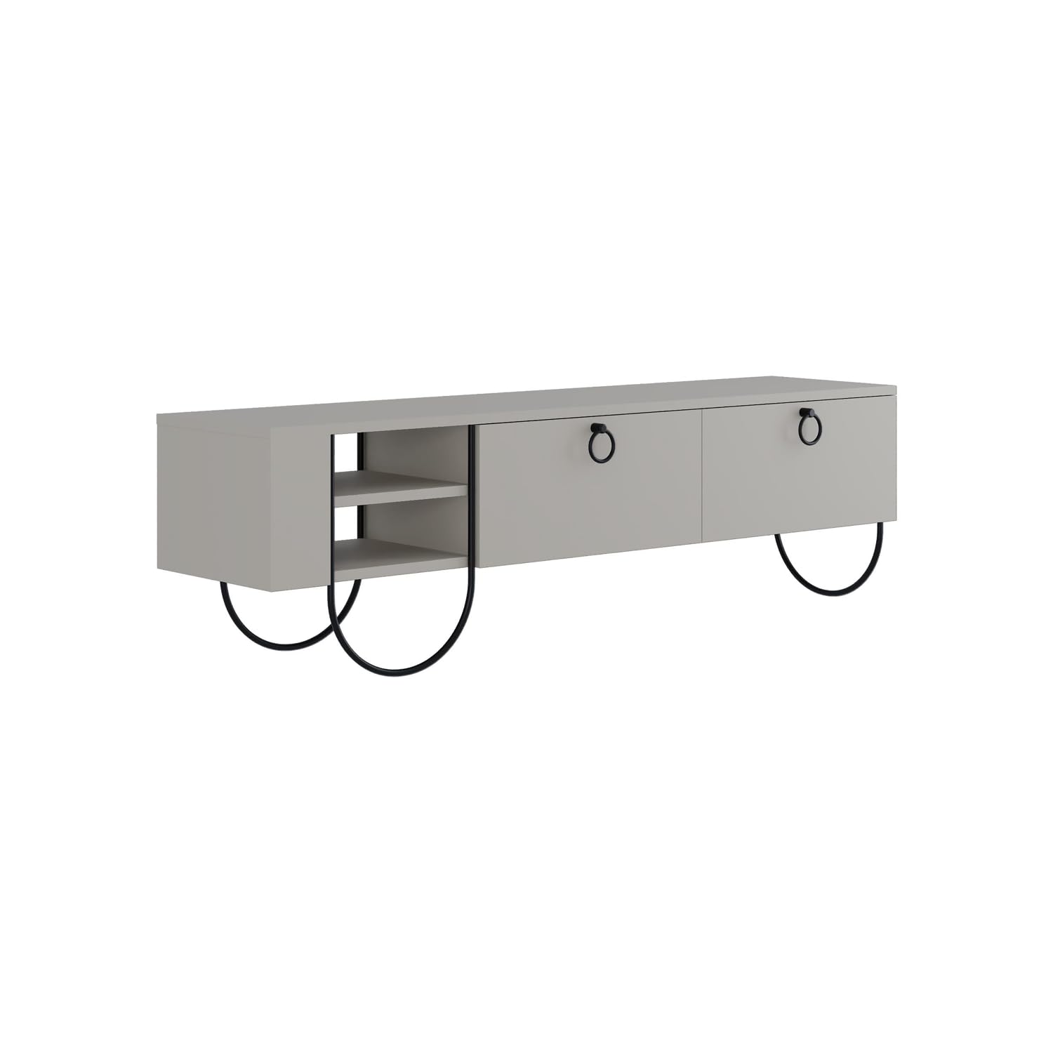 FWStyle Norfolk TV Stand – Modern TV Unit with Pull-Down Doors, Shelving, and Black Metal Frame – Living Room Media Storage Furniture (Sandstone)