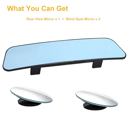 Image of Kitbest Rear View Mirror, Universal Clip On Wide Angle Anti Glare Blue Tint Car Mirror (Bonus 2 PCS Blind Spot Mirrors)