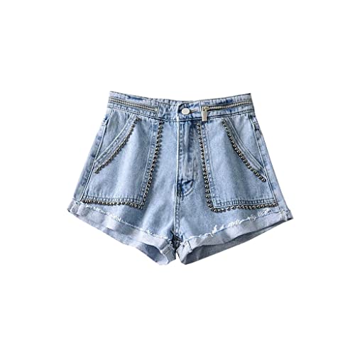 Short denim taille haute mode femmes avec revers rivets et jean lavé