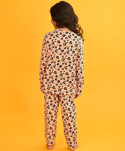 Image of ANTHRILO Pure Cotton Printed Pyjama Set for Girls | Regular Wear | Leopard Floral Long Sleeve Pyjama Set - Peach 9-10 Years