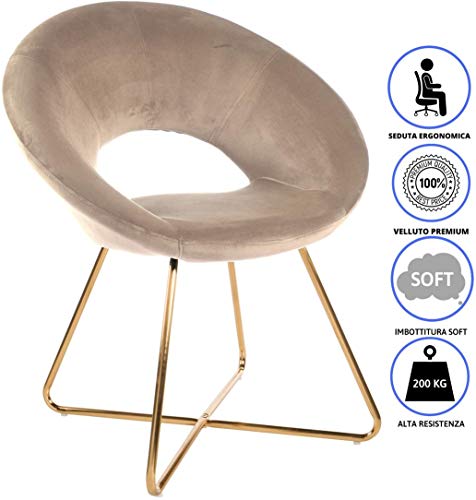 MONTEMAGGI Poltrona Imbottita Circolare in Velluto Beige con Gambe in Ferro Dorato. Poltrona da Ufficio o da Pranzo Super Confortevole e Seduta Ergonomica 71x59x84 Cm