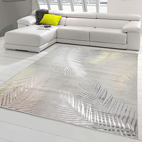 Teppich-Traum Designer Teppich Flur Wohn- & Schlafzimmer • hell-dunkel Effekt Palmenzweige grau Gold glänzend, Größe 140x200 cm