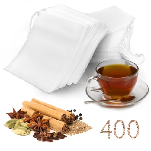 400Pcs Tea Filter Bags, Disposable Tea Filter Bags for Loose Leaf Tea from Safe Natural Materials, With Drawstring, Empty Tea Bags Suitable for Loose-Leaf Tea, Spices, Herbs (3.54 x 2.75 inch)