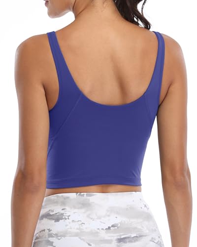 Image of Oalka Sports Bra Womens Longline Padded Crop Yoga Tank Tops | Built in Bras, Workout, Athletic, Fitness, Super Soft, Comfort, Cropped Top, Removable Pads, Heart Neckline For Women