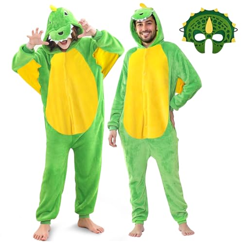 Dino Kostüm Erwachsene Damen Herren mit Maske Dinosaurier Drachen Kostüm Erwachsene Onesie Pyjama Lustig T rex Tierkostüm Drachenkostüm Damen Jumpsuit Karneval Faschings Tiere Cosplay Verkleidung M