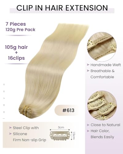Image of LaaVoo Clip In Hair Extensions, Double Weft, 18 Inch | Bright Bleach Blonde Finish, 120g 7pcs, Hair Extension Clips, Silky, Seamless