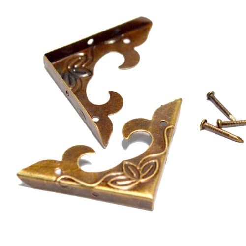 Image of 20 Pcs Vintage Bronze Corner Protectors Decorative Metal Edge Covers Antique Safety Guards Retro Right Angle Bracket with Nails for Furniture Edge Wood Case Corner Jewelry Box (Side Length:1-1 /4 inch)