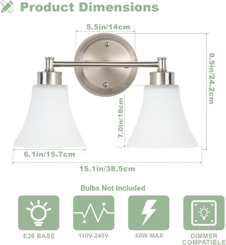 Image of LOUSACE 2 Light Bathroom Vanity Light Brushed Nickel Bathroom Lighting Fixtures Over Mirror with Opal White Frosted Glass, Vintage Traditional Wall Lighting Fixture Satin Nickel Vanity Lights