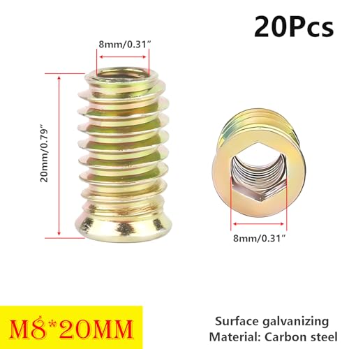 Qrity 20PCS Threaded Inserts Nuts, Hex Drive Head Nuts, Threaded Inserts for Wood Hex Socket Drive, Zinc Plated Carbon Steel - Image 2