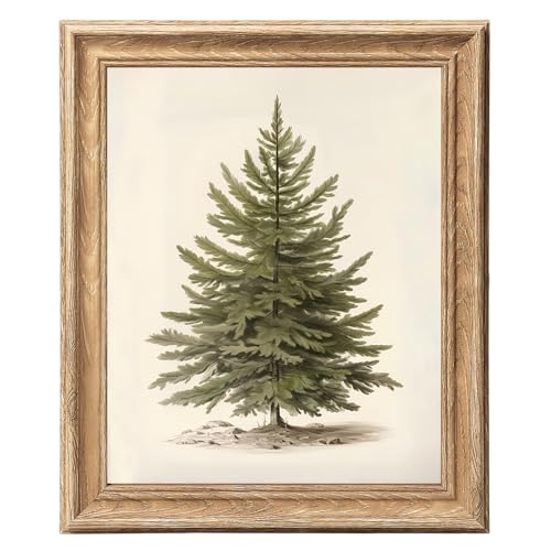 ASTRDECOR Framed Vintage Christmas Tree Wall Art 8x10, Rustic Pine Tree Botanical Winter Poster Print with Faux Wood Grain Frame, Holiday Wall Decor for Living Room, Bedroom, Entryway