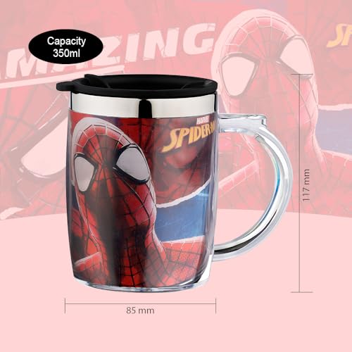 Image of SKi Homeware Double Wall Inner Stainless Steel Tea,Coffee, Milk Mug With Handle And Lid For Kids Cherry Mug (Spider-Man), 350 ML