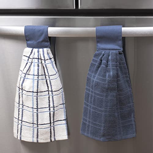 Image of Ritz Premium 100% Cotton Solid and Multi Check Kitchen Tie Towel Absorbent, Super Soft, and Fast Drying Hang Towel, Set of Three, Federal Blue
