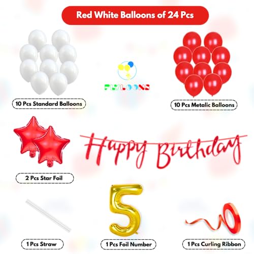 Image of Flyloons 5th Happy Birthday Decoration Kit Red White for Baby Boys Girls Kids Twins With 20 Pcs Metallic Balloons Birthday Banner 2 Pcs Star Items Set