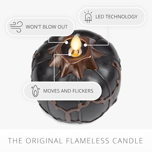 Image of Luminara Black Embossed Fretwork Pumpkin Candle, 3.8 inch x 4.3 inch Flickering Flameless LED Light, AA Batteries (Sold Separately) w /Timer, Real Wax Indoor Fall Halloween Decor Table Mantel Decoration