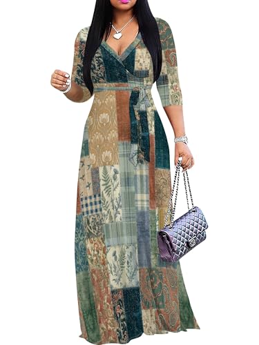 Image of Women's Plus Size Maxi Dresses Long Sleeves V Neck Floral Print Bohemian Swing Long Dress with Belt