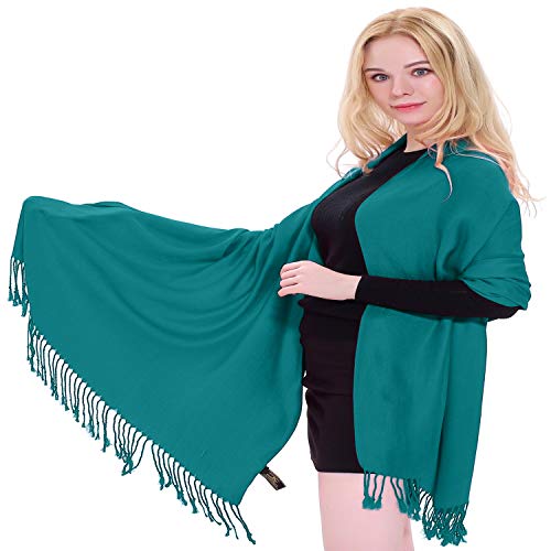CJ Apparel Teal Green Jade Green Solid Color Tassels Design Nepalese Shawl Seconds Scarf Wrap Stole Throw Head Wrap Pashmina Hand Made in Nepal New2