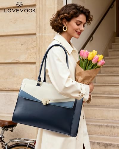 Image of LOVEVOOK Laptop Tote Bag for Women, PU Leather Work Bag, Teacher Tote | with Large Cup Holder, Waterproof Vintage Briefcase for Business Travel & Commute, Magnetic Snap, Padded Laptop Pocket