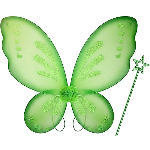 Sratte Fairy Princess Butterfly Wings Girls Kids Butterfly Costumes Set Star Wands Adults Christmas Birthday Party(Green)