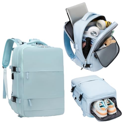 Mi Ko Mi Ka Mochila de Viaje Grande: Resistente al Agua, con Compartimento para Zapatos Separado, Puerto de Carga USB y Diseño Multifuncional Antirrobo. 2210 (Azul Claro)