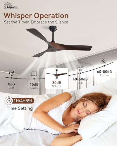 Image of Sofucor 52 Inch Smart Ceiling Fan No Light, Modern Ceiling Fan with 3 Plastic Blades, Compatible with Alexa /Google /App, 6 Speeds 4500CFM, Timer Quiet Reversible DC Motor, ETL /FCC