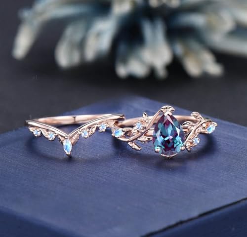 Vintage Pear Alexandrite Engagement Ring Set Bridal Set for Women Blue Moonstone Accents Anniversary Promise Ring Gift3