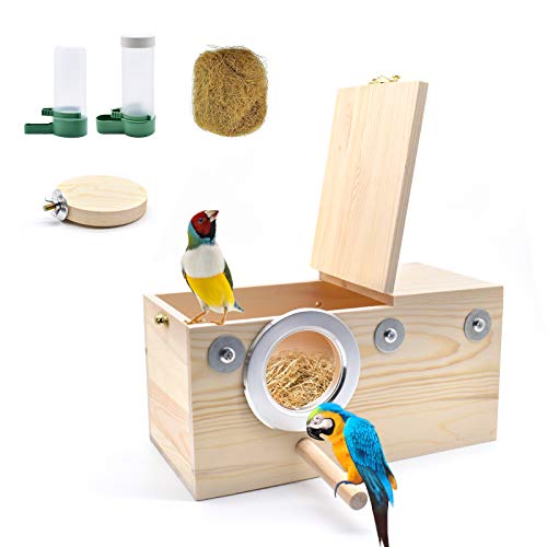 XonyiCos Vogelnest aus Holz für Käfig, Papageiennest, Brutkasten, Haustierhaus für Sittiche, Wellensittiche, Nymphensittiche, Wasserer, natürliche Kokosfaser (L(15 x 15 x 29 cm) Cover