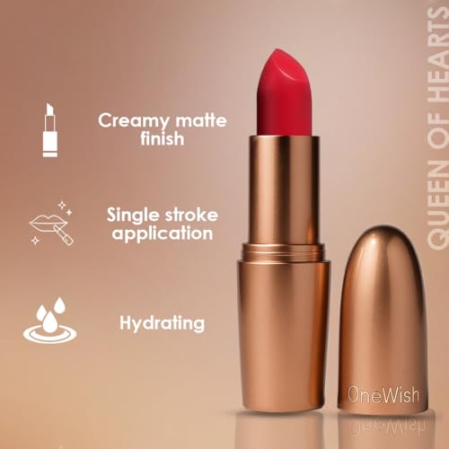 Image of One Wish Creamy Matte Lipstick Long Lasting for Women - Queen of Hearts Shade 10 | Full Coverage | Creamy Formula | No Flaky Lips | No Dryness| High-Pigment |SPF | Vitamin E, Almond Oil & Shea Butter for Moisturising Lip | 8 Hrs Lasting | Smooth Finish | 3.8 gm