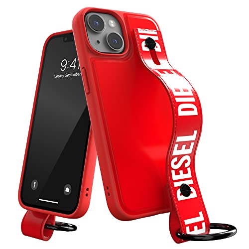 DIESEL iPhone13/14ケース ハンドストラップ スマホケース グリップ & スタンド付き FW22 (ディーゼル iPhone 13 / 14 カバー, レッド)