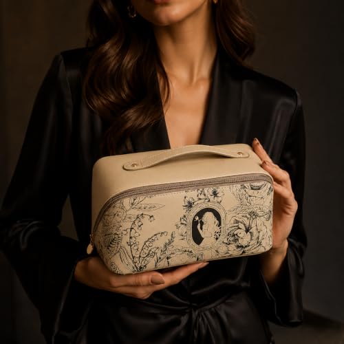 Image of Travel Makeup Bag with Make Up Brushes Makeup Bag Organizer Large Capacity Floral Cosmetic Bag for Women with Compartments Waterproof Leather Flat Open Portable Cosmetic Travel Bag with Handle Beige