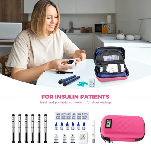 Image of TSA Approved Insulin Cooler Travel Case Diabetic Medication Bag With Thermometer Temperature Display Medication Diabetic Cooler Travel Medicine Organizer Bag for women & 2 Ice Pack-Rose red