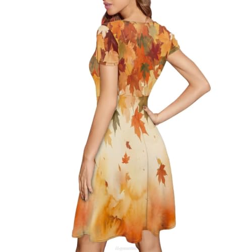 Image of POLERO Women Puffy Swing Elegant Party Midi Dresses Short Sleeve Round Neck A-Line Dress