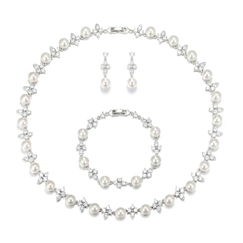 Image of EVER FAITH Cubic Zirconia Pearl Leaf Bridal Jewelry Set for Bride Women