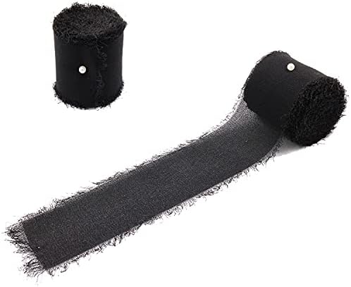 2 Rolls 1.5 Inch x 5.5 Yard Handmade Fringe Chiffon Ribbon Frayed Edges Silk-Like Ribbon Rustic Ribbon for Bouquets Wrapping Decor Wedding Tie Invitations Crafts (Black)